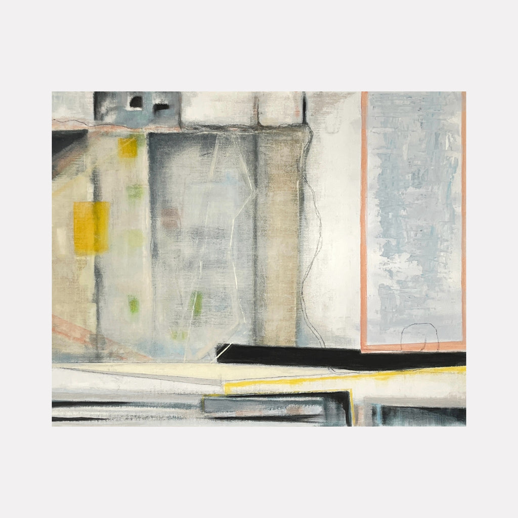 Unsettled by Cora Jane Glasser features a soft abstract composition with layered textures and muted tones of gray, beige, and touches of yellow, blending geometric forms and subtle lines that evoke a quiet, introspective mood in contemporary art.