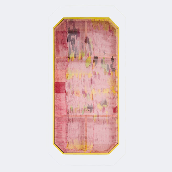 The artwork "Untitled #103" by Victoria Manganiello features an abstract composition with a predominantly pink background accented by irregular splashes of yellow, red, and dark gray tones. The texture suggests layered brushstrokes and translucent washes, evoking styles reminiscent of Mark Rothko's color fields and Helen Frankenthaler's fluid abstraction, framed within a gold-bordered rectangular shape.