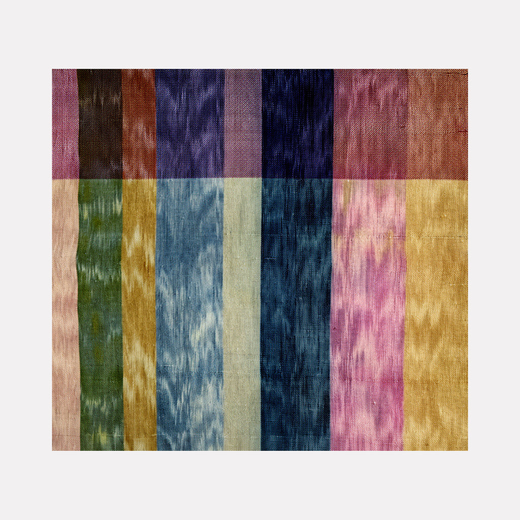 Untitled #181 by Victoria Manganiello is a Curina art piece featuring a grid of vertical and horizontal stripes with textured, painterly patterns in rich, muted tones of blue, gold, green, pink, and brown, blending softness with layered color fields in a modern abstract design.
