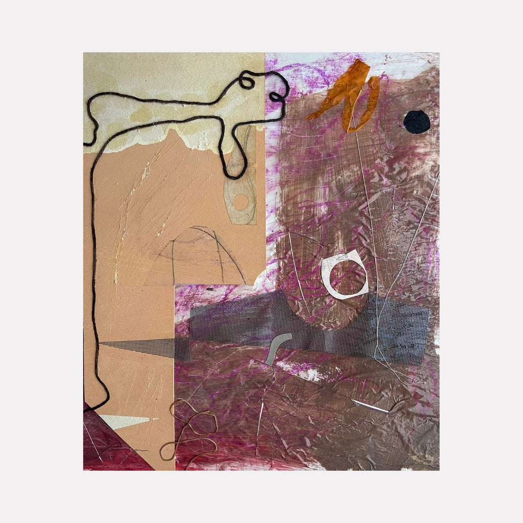 The artwork 'Untitled #01' by Jose Johann Bitancor features abstract composition with bold black line work against contrasting peach and burgundy sections. Mixed media creates textural depth with scratched surfaces and layered elements, combining geometric and organic shapes in a 17x18 inch composition. Splashes of white and deep purple add dynamic visual interest.
