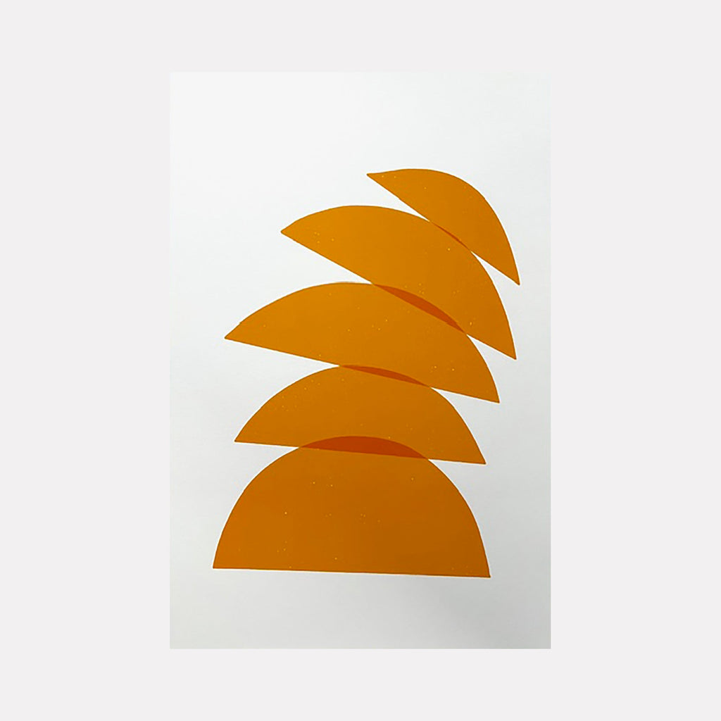 The artwork "Untitled" by Amy Turner features a vertical arrangement of five overlapping, vibrant orange semicircles on a stark white background. The clean, bold shapes and minimalist composition evoke the geometric abstraction of Ellsworth Kelly and the color field sensibility of Josef Albers, emphasizing balance and form in a bright, modern style.