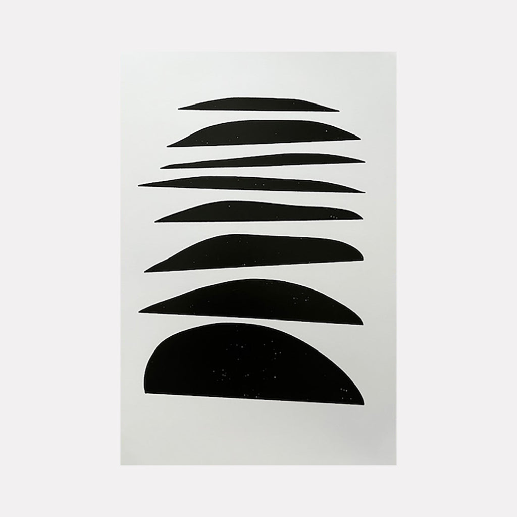 The artwork "Untitled" by Amy Turner features a minimalist composition of seven elongated black shapes stacked vertically on a white background. The smooth, organic forms evoke a balanced rhythm with subtle irregularities, reminiscent of Ellsworth Kelly’s bold abstractions and the serene simplicity found in Agnes Martin’s geometric minimalism.