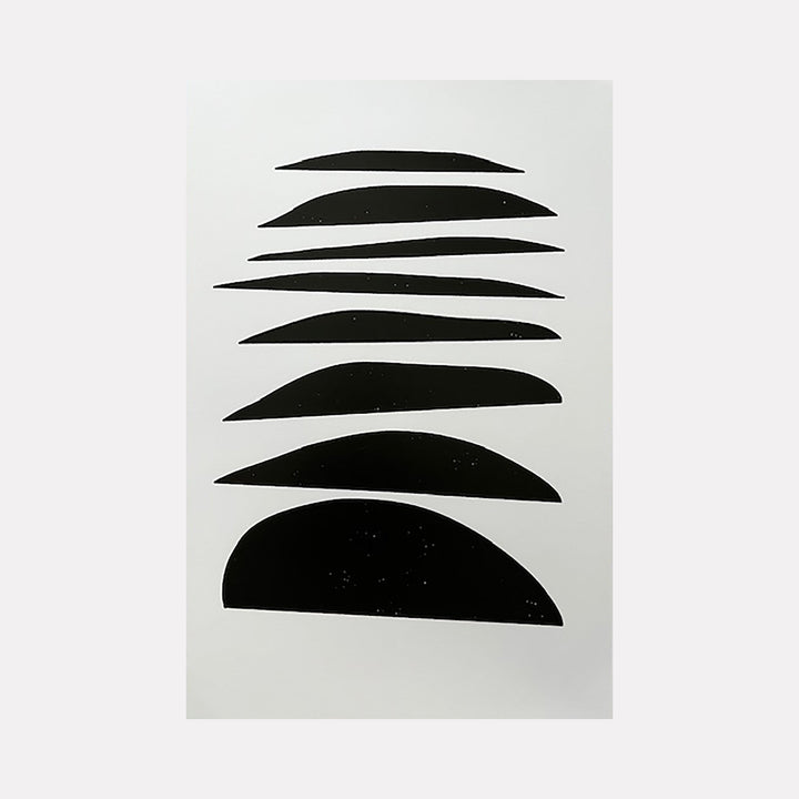 The artwork "Untitled" by Amy Turner features a minimalist composition of seven elongated black shapes stacked vertically on a white background. The smooth, organic forms evoke a balanced rhythm with subtle irregularities, reminiscent of Ellsworth Kelly’s bold abstractions and the serene simplicity found in Agnes Martin’s geometric minimalism.