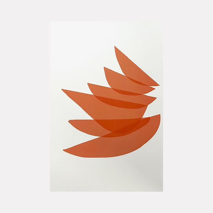 The artwork "Untitled" by Amy Turner features an abstract vertical composition of overlapping, curved, reddish-orange shapes set against a clean white background. The smooth, bold forms create a sense of dynamic movement and balance, evoking the minimalist abstraction and organic geometry reminiscent of Ellsworth Kelly and the subtle layering seen in Hans Arp’s sculptures.
