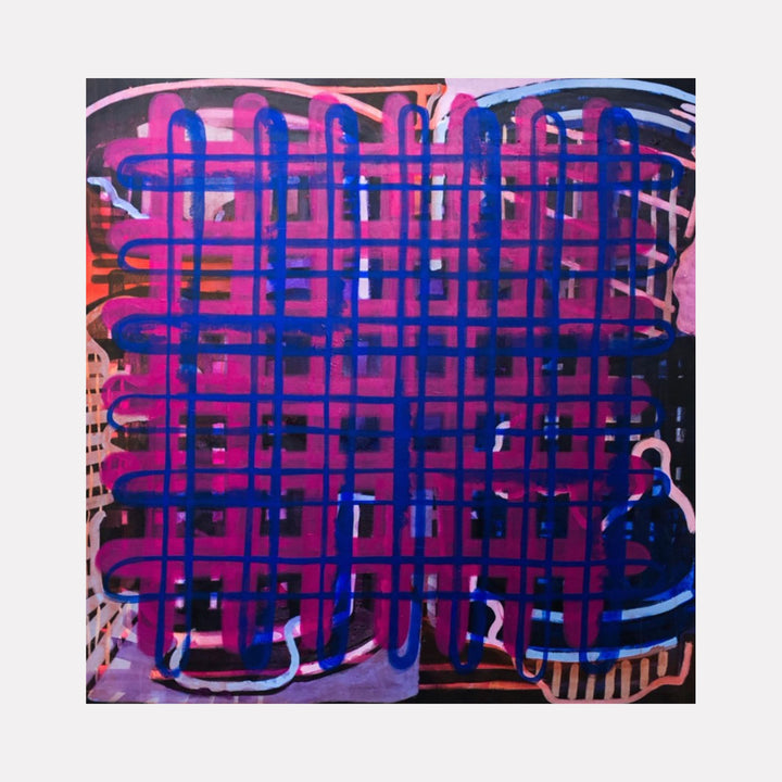 The artwork "Untitled" features a vibrant abstract composition with bold intersecting blue lines forming a grid over a textured background of pink, purple, and orange hues. Fluid shapes and layered brushstrokes create depth and movement with a modern, expressive style. By Tyler Sorgman.