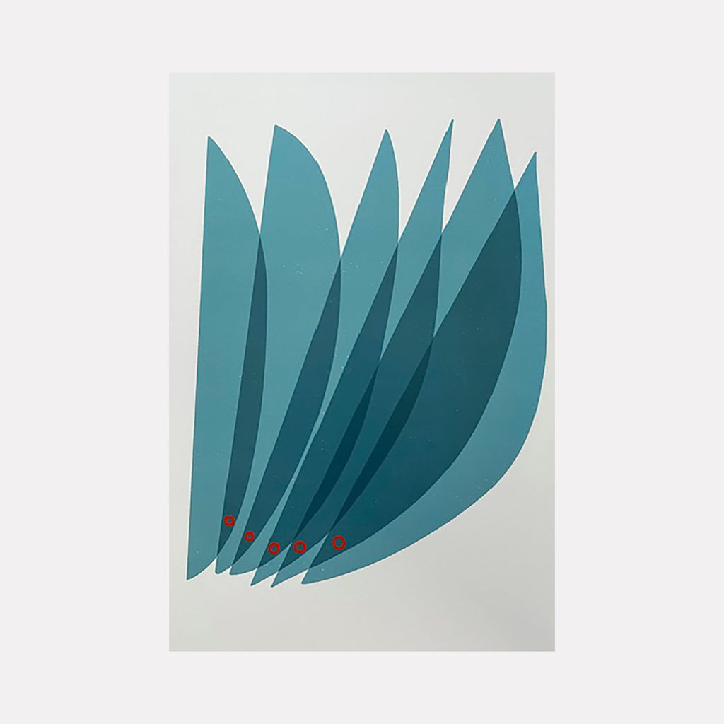 The artwork "Untitled" by Amy Turner features an abstract composition of overlapping elongated leaf-like shapes in varying shades of green and teal. The smooth, layered forms create a dynamic rhythm accented by small red circular details. The minimalist style evokes the serene abstraction seen in works by Ellsworth Kelly and Henri Matisse’s cut-outs.