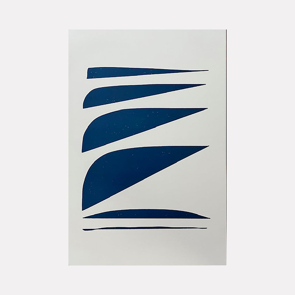 The artwork "Untitled" by Amy Turner features a vertical arrangement of six abstract, elongated navy blue shapes on a clean white background. The textured, organic forms create a balanced rhythm with tapered edges, evoking minimalist abstraction reminiscent of Ellsworth Kelly’s bold color fields and the crisp geometry found in Agnes Martin’s refined compositions.