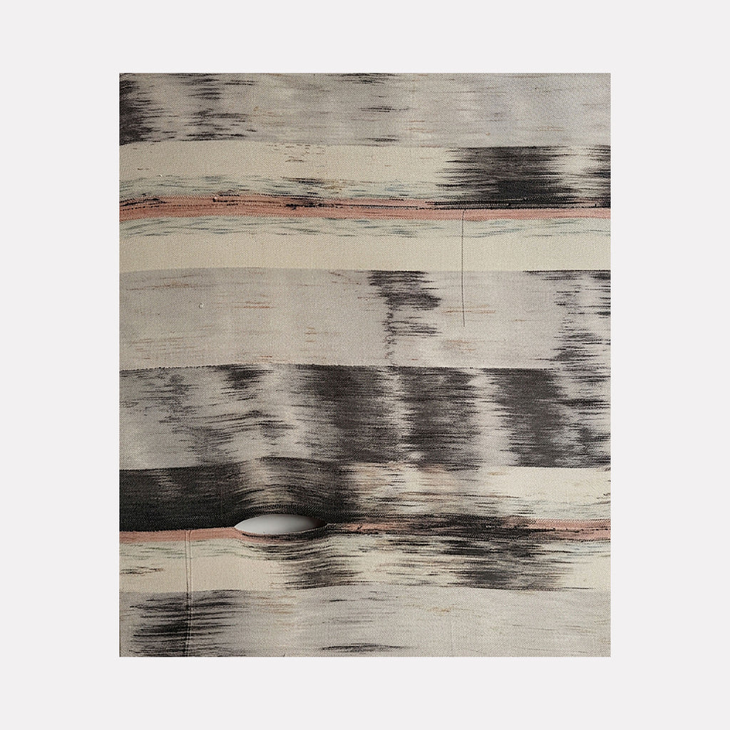 Untitled #68 by Victoria Manganiello is a Curina art piece featuring subtle horizontal bands in muted beige, black, and soft pink tones, with textured, irregular brushstroke-like patterns creating a calm, layered abstract composition.