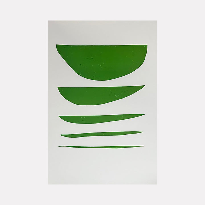 The artwork "Untitled" by Amy Turner features a minimalist arrangement of five irregular, horizontal green shapes descending in size against a white background. The clean, organic forms evoke a serene balance and subtle tension, reminiscent of Ellsworth Kelly’s bold color fields and the refined simplicity found in Agnes Martin’s meditative works.