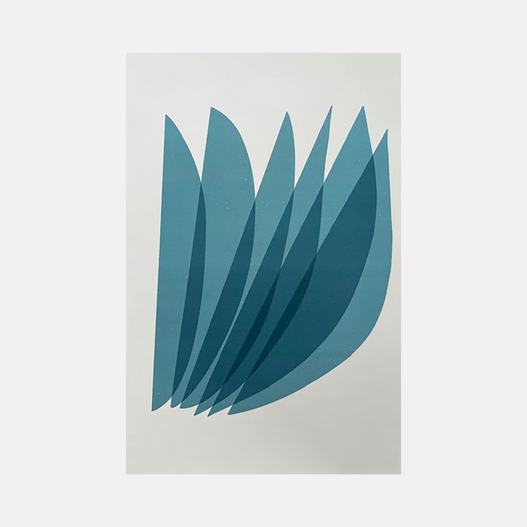 The artwork "Untitled" by Amy Turner features an abstract composition of overlapping, elongated blue shapes arranged in a dynamic, fan-like formation. The smooth gradients and crisp edges evoke a minimalist, modernist aesthetic reminiscent of Ellsworth Kelly’s bold forms and the color field simplicity found in Helen Frankenthaler’s works.