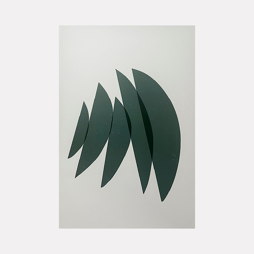 The artwork "Untitled" by Amy Turner features a vertical arrangement of five dark green, crescent-shaped forms set against a pale gray background. The smooth, elongated shapes evoke a sense of balance and rhythm, reminiscent of Ellsworth Kelly’s bold abstractions and the minimalist organic forms found in Isamu Noguchi’s sculptures.