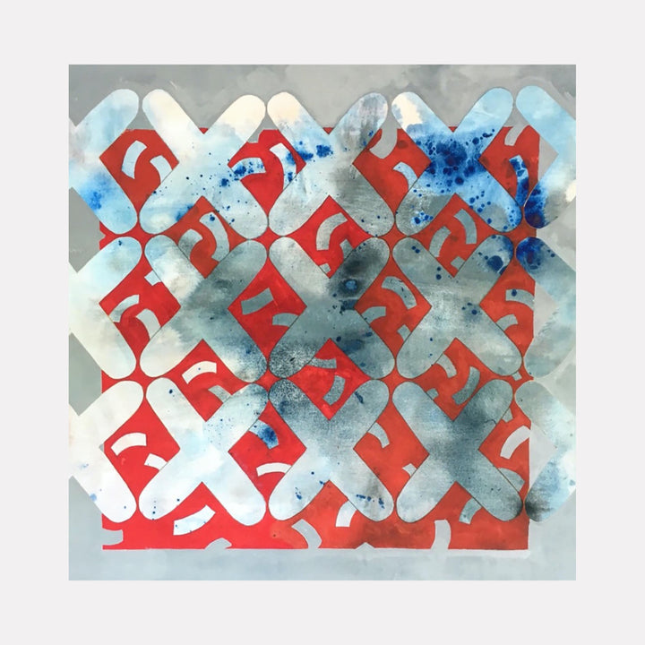 The artwork "Untitled I" features a grid of large X shapes in shades of light blue and white with splattered blue ink textures over a bold red background composed of abstract, stylized letter-like forms. The piece combines geometric repetition and organic textures with a modern, abstract style. By Tyler Sorgman.