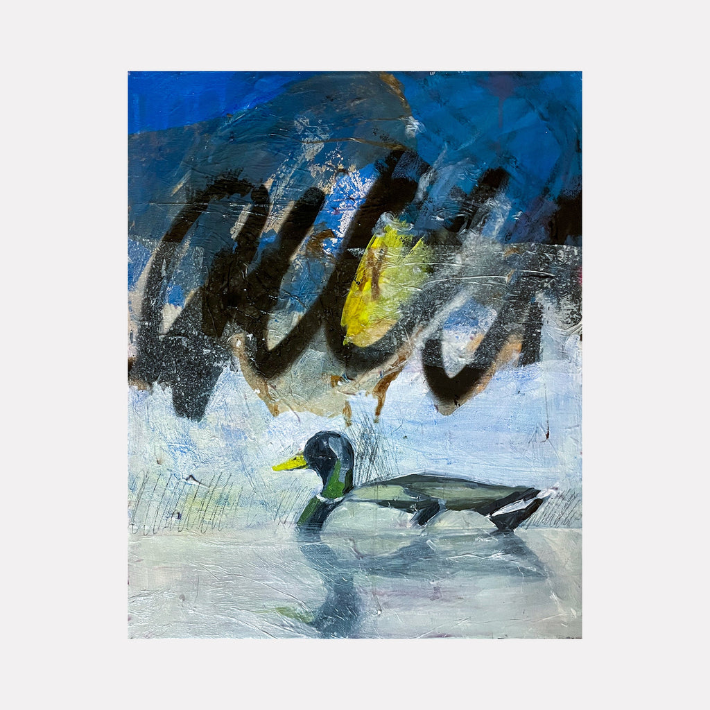 The artwork "Urban Mallard" by Chris Baily features an abstract composition with a stylized mallard duck rendered in muted greens, blacks, and yellows, set against a textured backdrop of deep blues and grays with sweeping black brushstrokes. The layered textures and fluid forms evoke the expressive abstraction seen in works by Gerhard Richter and Franz Kline.
