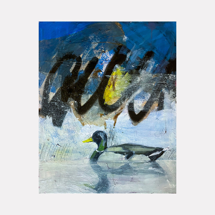 The artwork "Urban Mallard" by Chris Baily features an abstract composition with a stylized mallard duck rendered in muted greens, blacks, and yellows, set against a textured backdrop of deep blues and grays with sweeping black brushstrokes. The layered textures and fluid forms evoke the expressive abstraction seen in works by Gerhard Richter and Franz Kline.