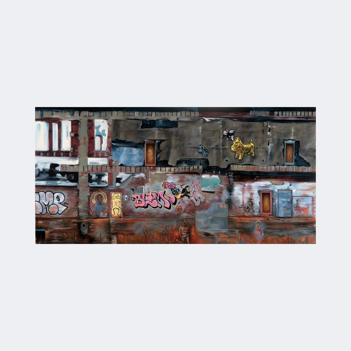 The artwork "Urban Monopoly, Final Judgement" by Regina Miele depicts a gritty urban wall covered in graffiti and street art, featuring bold spray-painted tags, stylized figures, and abstract shapes. The composition blends dark, weathered textures with vibrant pinks, golds, and blues, evoking the raw energy of artists like Jean-Michel Basquiat and Banksy.