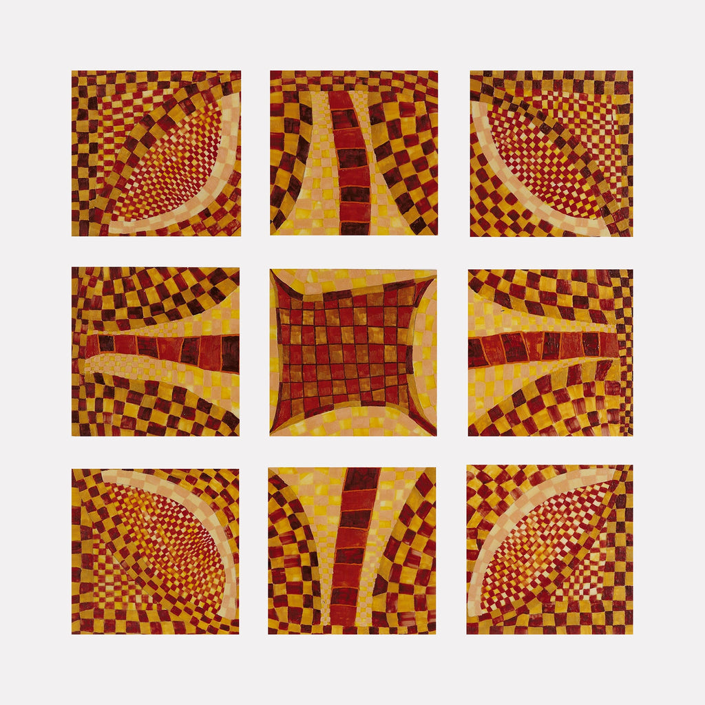 The artwork "VENICE" by Barbara Ellmann features a nine-panel abstract composition with interlocking checkerboard patterns in rich browns, reds, and yellows. The curved, flowing shapes create a dynamic sense of movement and depth, evoking the geometric abstraction and optical playfulness reminiscent of Victor Vasarely and Bridget Rileyâ€™s works.