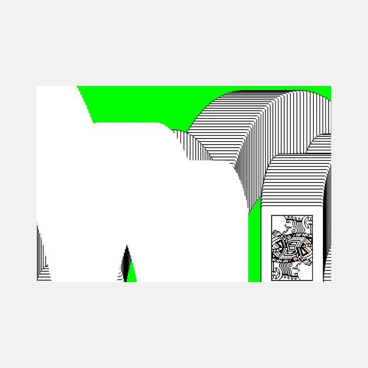 The artwork "VICTORY" by Harold Herb features a large, abstract landscape with bold, overlapping white and black striped arches set against a vivid green background. The minimalist composition and graphic precision recall the op art sensibilities of Bridget Riley and the geometric abstraction of Sol LeWitt, blending modernist structure with a fresh, vibrant palette.