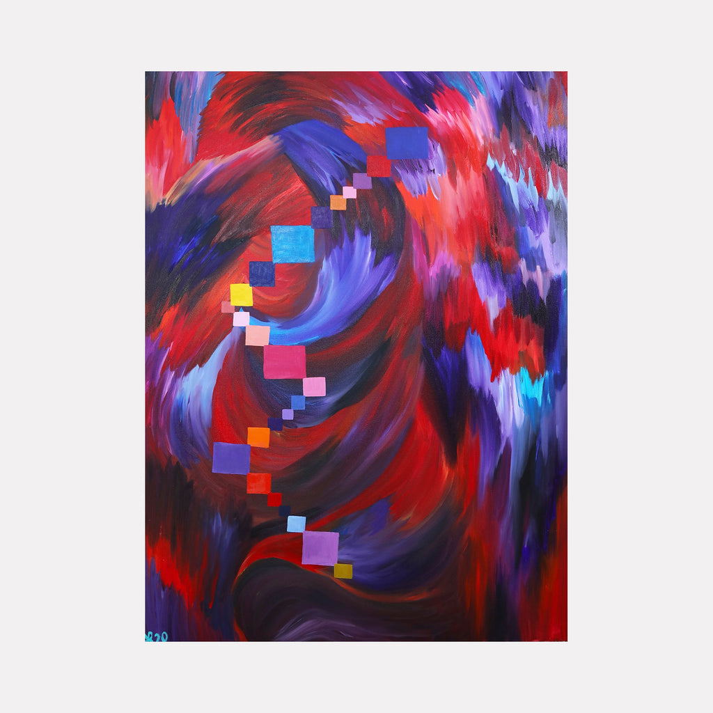 The artwork "Velour" features vibrant swirling brushstrokes in red, purple, and blue hues with a textured, dynamic background. Geometric squares in varying colors arch through the center, adding contrast and structure. This abstract piece highlights rich, velvety textures and fluid motion by Kim Rosebud.