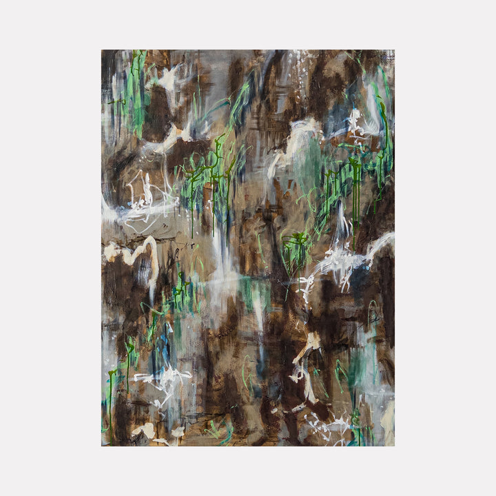 Verde by Betsy Becher presents an abstract landscape of earthy browns and vibrant greens, accented with flowing white and subtle turquoise strokes that suggest cascading waterfalls and lush vegetation, creating a dynamic interplay of natural elements with a textured, atmospheric depth in a contemporary style.