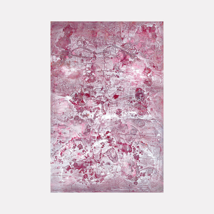 The artwork "Vermont in a Snowstorm" by Deborah Chaney features an abstract composition dominated by soft shades of pink and white with textured patterns resembling frosty winds and snowflakes. The piece evokes the fluid, organic style reminiscent of Helen Frankenthaler's color field paintings combined with subtle, intricate layering similar to Cy Twombly’s delicate scribbles.
