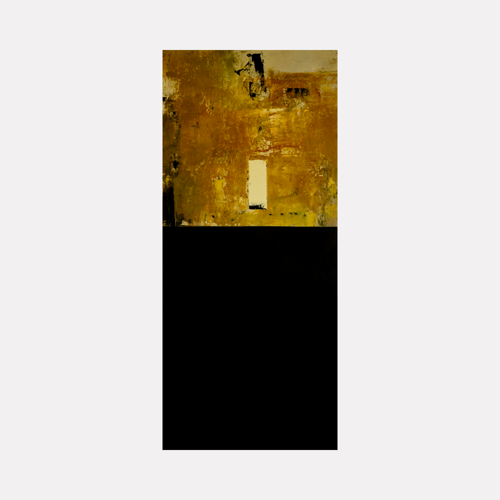Vestige III by Diane Lounsberry-Williams features a compelling vertical abstract with a textured upper section in warm ochre and gold tones, contrasted by a deep black lower half. The piece evokes a sense of layered history and quiet intensity, blending organic surface distress with minimalist geometry in a thoughtful, evocative composition.