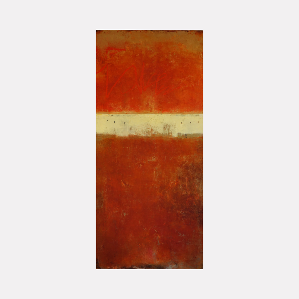 Vestige II by Diane Lounsberry-Williams presents a rich abstract composition with layered shades of warm rust, burnt orange, and deep brick red. A contrasting off-white horizontal band divides the textured surface, evoking a sense of balance and depth through its earthy tones and subtle weathered details.
