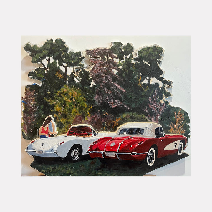 The artwork "Vetting" by Robert Dec features two classic vintage sports cars, one white and one red with white accents, parked outdoors against a backdrop of lush green and purple-toned trees. A casually dressed woman in a red and white outfit is seated near the white car. The style echoes the realism and color richness seen in Edward Hopper's works combined with the mid-century Americana vibe, highlighting textures of foliage and car paint. Robe