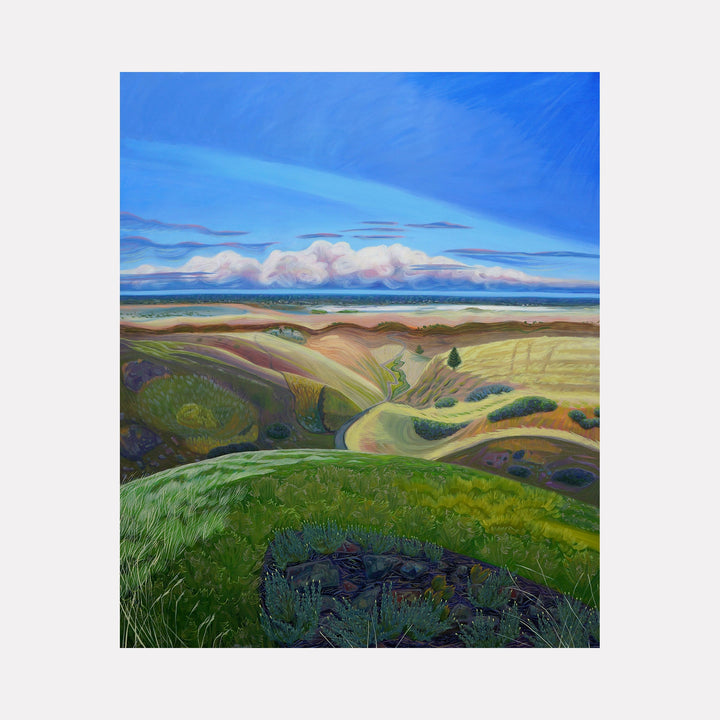 The artwork "View From Foothils Trail" by Gina Blickenstaff, gallery position 1, portrays a sweeping Colorado landscape with undulating hills in rich greens and earth tones beneath a vibrant blue sky streaked with soft clouds. The textured brushwork and flowing forms evoke the natural rhythms found in the landscapes of Winslow Homer and the atmospheric clarity of Edward Hopper.