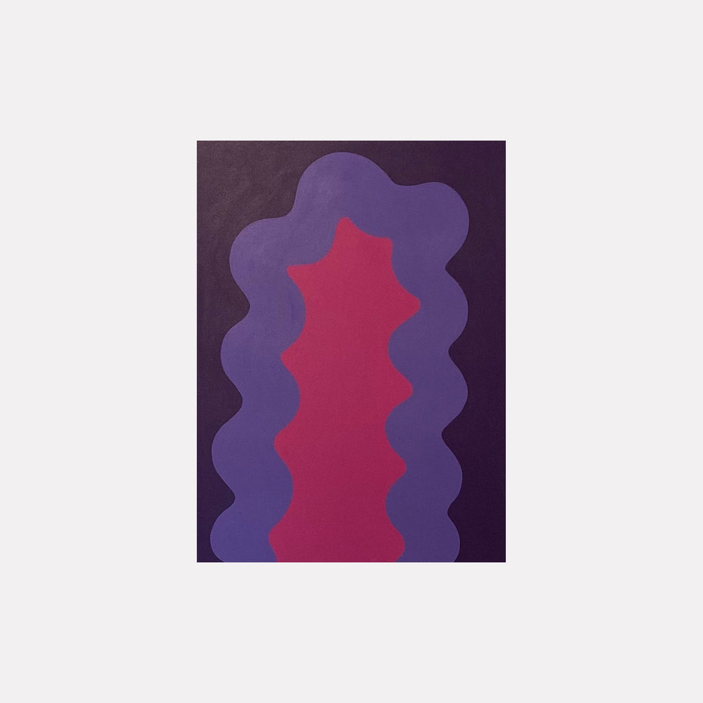 The artwork 'VIOLET' by Shadia Sabagh features abstract undulating waves in vibrant purple and rose pink hues against a deep aubergine background. The composition showcases flowing organic shapes with wavy edges, creating a harmonious contrast through color and form on an 18x24 inch acrylic canvas.