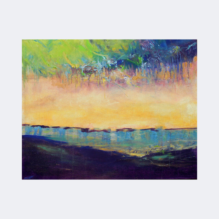 The artwork "Virga" by Carla Forrest features an abstract landscape with vibrant layers of color and texture. The top section blends bright green and deep blue tones with expressive brushstrokes reminiscent of Impressionist techniques. The middle band showcases warm golden hues fading into a horizon, while the lower portion incorporates dark blues and purples, creating depth and contrast similar to the styles of Mark Rothko and Helen Frankenthale