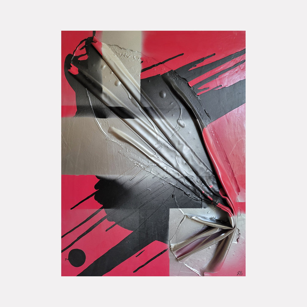 The artwork "Virtue of Ignorance" by Roger Hsia features bold abstract shapes with a dynamic interplay of red, black, and gray tones. Textured layers create a folded, three-dimensional effect with a glossy finish, emphasizing movement and contrast in a modern artistic style. Roger Hsia