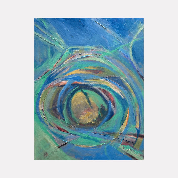 The artwork 'Vortex Redone' by Beth Barry features a dynamic swirling composition in vibrant blues and greens, creating a mesmerizing spiral effect. Abstract brushstrokes in turquoise, azure, and sage form concentric circles around a golden center, suggesting movement and depth. The acrylic painting on canvas demonstrates fluid, energetic strokes and harmonious color blending.