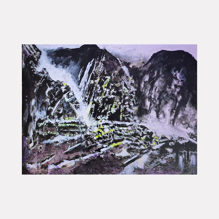 The artwork "Vosges Mountains" by James Ehling features an abstract mountainous landscape dominated by bold, textured brushstrokes in deep blues, blacks, and purples with subtle hints of pale yellow and white. The dramatic contrasts and raw textures evoke the atmospheric qualities of Caspar David Friedrich's romantic landscapes while echoing the expressive intensity found in Anselm Kiefer's work.