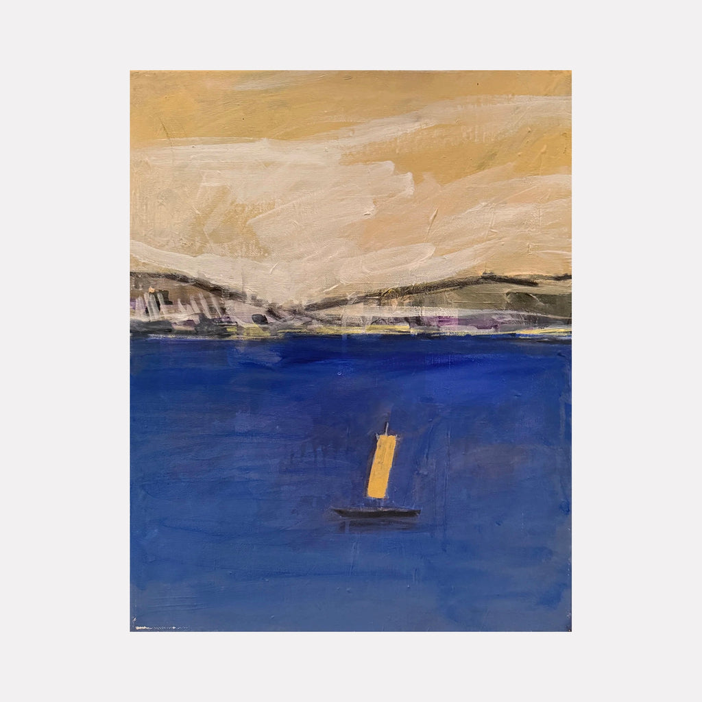 The artwork "Voyage of Ged" by Chris Baily features an abstract seascape with a deep blue expanse of water contrasted against a muted ochre sky. A small, simplified sailboat with a vibrant yellow sail floats in the foreground. The textured brushstrokes and minimalistic forms evoke the serene abstraction of Richard Diebenkorn and Giorgio Morandi.