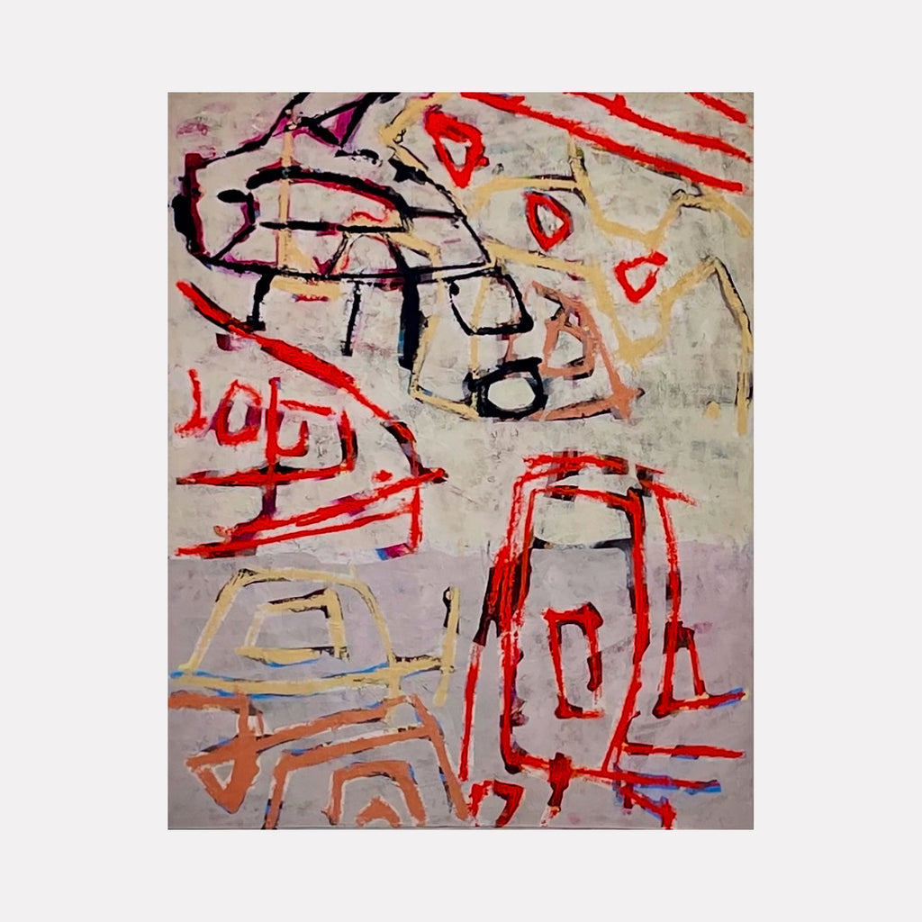 The artwork "WALKING the DOG" by John Goetz features abstract shapes and lines in bold red, black, beige, and purple tones on a textured off-white background. Its spontaneous, raw style echoes the energetic brushwork of Jean-Michel Basquiat and the abstract expressionism of Cy Twombly, creating a dynamic, modern composition.