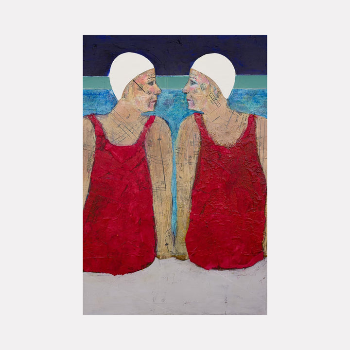 The artwork 'WE'VE GOT THIS' by Dobee Snowber features two swimmers in bright red vintage-style bathing suits and white swim caps against a layered background of navy blue sky and turquoise water. The textured mixed media technique creates depth and character, with the figures rendered in an expressive, contemporary style. The composition evokes retro swimming aesthetics and camaraderie. By Dobee Snowber.