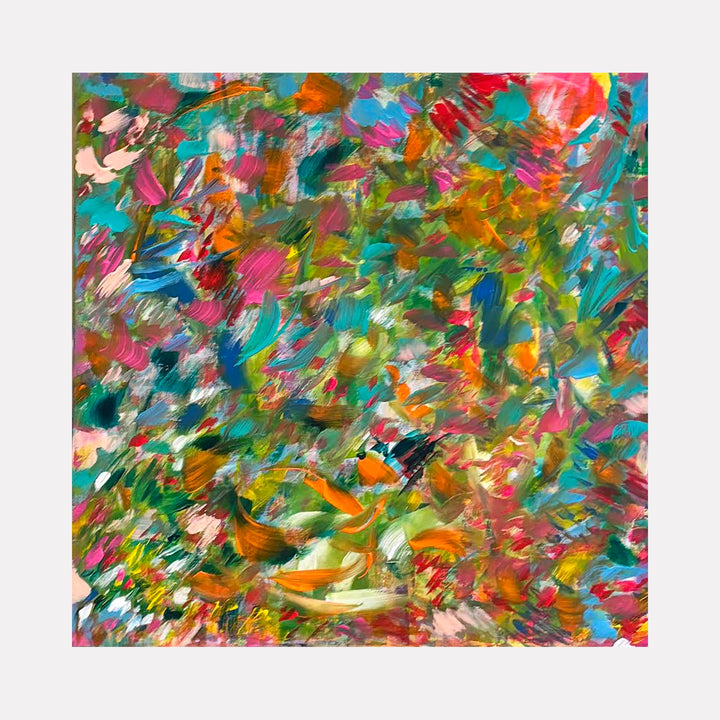 The artwork "WE WHISPER TOGETHER" by Gail Sarasohn features an abstract composition bursting with vibrant colors including greens, oranges, pinks, and blues. The textured brushstrokes and layered patterns evoke a dynamic energy reminiscent of Impressionist and Abstract Expressionist styles, similar to works by Claude Monet and Joan Mitchell.