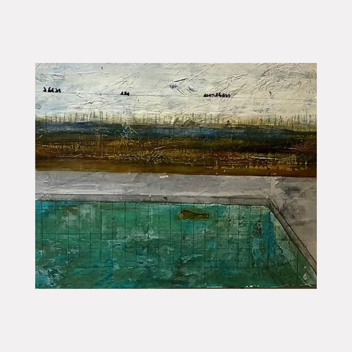 The artwork 'When Left to Their Own Devices' by Dobee Snowber depicts an abstract landscape with a striking turquoise pool or water feature in the foreground, bordered by concrete edges. The background shows earthen tones of brown and grey beneath a textured, pale sky. Mixed media technique creates rich textures and layered effects throughout the composition.