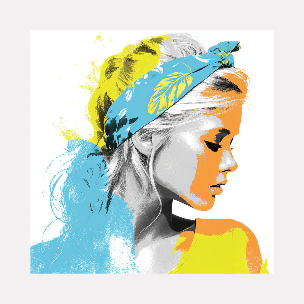 The artwork "Whisper of Style" by Claudia Sauter in gallery position 1 features a serene mixed media profile of a woman highlighted with bold splashes of blue, yellow, and orange. The graphic contrast and textured brushwork echo the refined softness of Alex Katz combined with the vibrant color blocking reminiscent of David Hockney’s portraits.