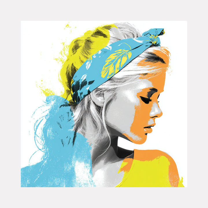 The artwork "Whisper of Style" by Claudia Sauter in gallery position 1 features a serene mixed media profile of a woman highlighted with bold splashes of blue, yellow, and orange. The graphic contrast and textured brushwork echo the refined softness of Alex Katz combined with the vibrant color blocking reminiscent of David Hockney’s portraits.