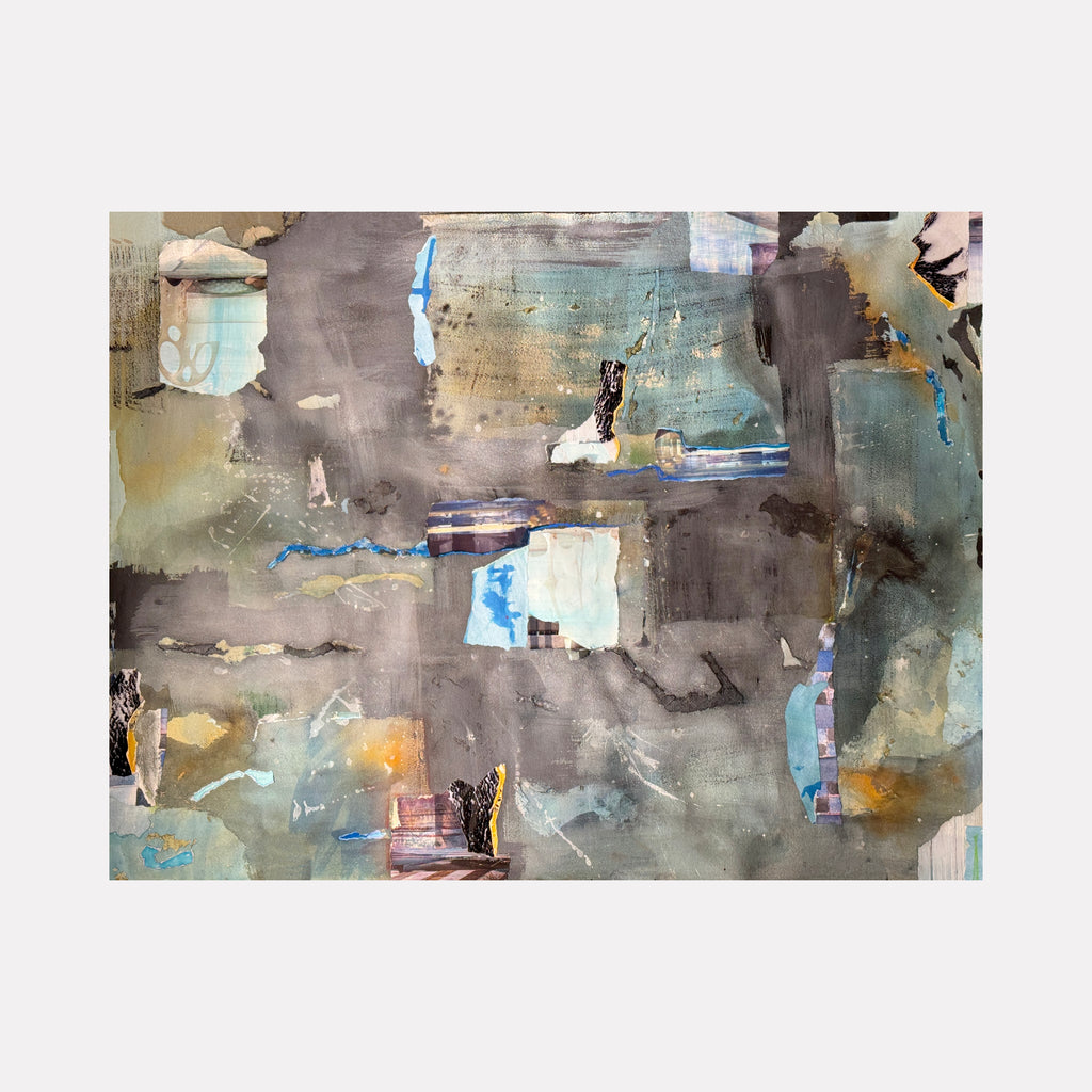 WINDOWS by Diane Love is a contemplative mixed media piece blending layered torn paper and subtle brushstrokes in soft blue, muted gray, and beige tones. The abstract arrangement of fragmented shapes and textures evokes quiet reflections and a delicate interplay of light and shadow.