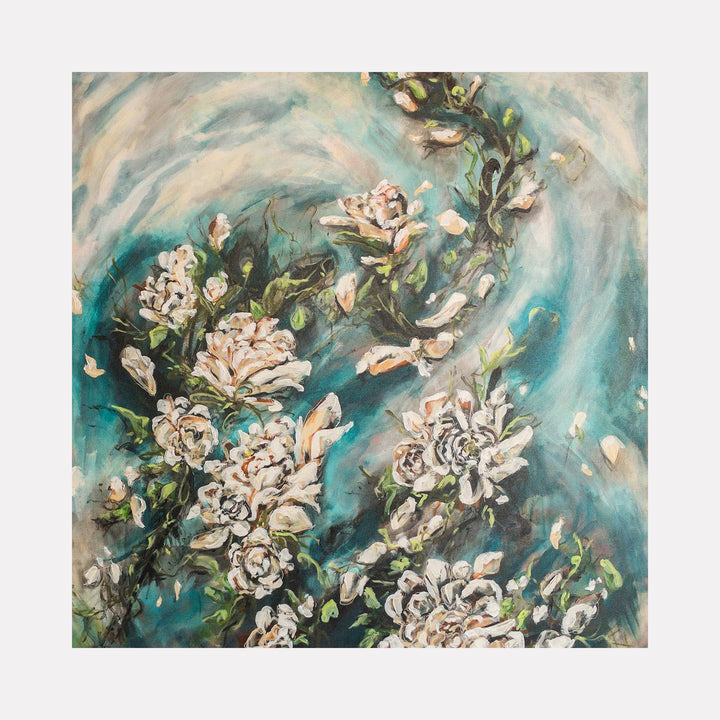 Windswept by Betsy Becher portrays delicate white blossoms caught in a swirling dance of soft turquoise and gentle earth tones, blending flowing brushstrokes and layered textures to evoke a sense of graceful movement and serene natural beauty in a contemporary abstract style.