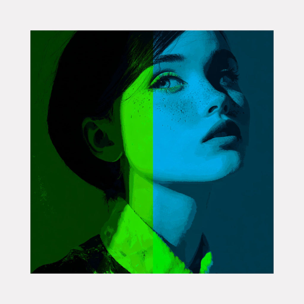 The artwork "World in Blue and Green" by Claudia Sauter in gallery position 1 presents a striking mixed media portrait featuring a woman's face split by vivid blue and green hues. The textured layering and contrasting light evoke Sadie Benning’s color divisions and the emotive realism of Chuck Close’s portraiture.