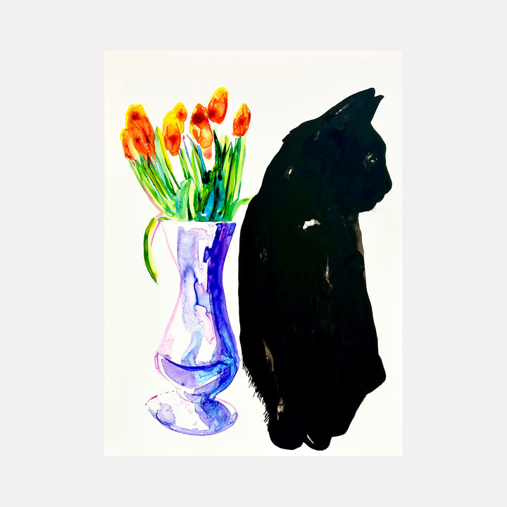 The artwork 'Wabi-sabi' by Monica Carrier features a striking composition of a black cat silhouette alongside a purple watercolor vase containing vibrant orange tulips with green stems. The watercolor technique creates flowing, translucent effects in the vase while the cat appears in solid, bold strokes. Created with archival ink on synthetic paper, this 12x9 inch piece embodies simplicity and elegance.