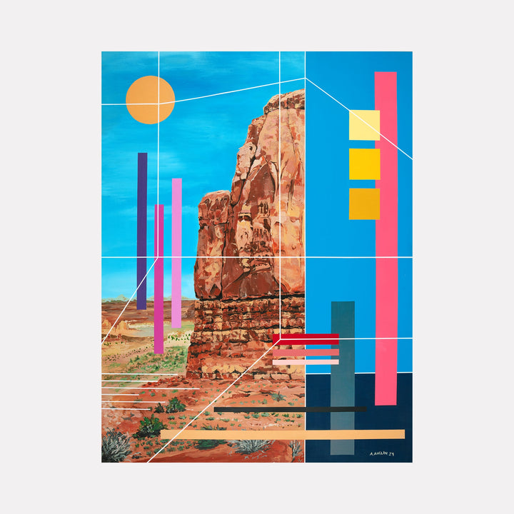 The artwork "Waiting Until We Meet Again" features a striking desert landscape with a prominent rocky formation under a bright blue sky and an orange sun. The composition integrates geometric shapes and lines in vibrant colors like pink, yellow, and blue, merging natural textures with abstract elements. By Adam Anglin.
