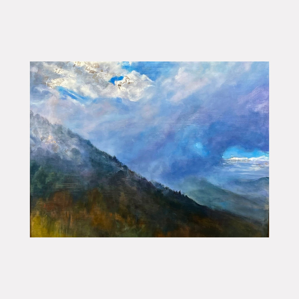 The artwork "Walking Through Clouds in Cortona" by Regina Miele features a misty mountainous landscape with rich, textured brushstrokes blending deep greens and earthy browns in the foreground. The sky is a vivid swirl of blues and whites, reminiscent of J.M.W. Turner’s atmospheric style, evoking a dreamy, almost impressionistic mood.