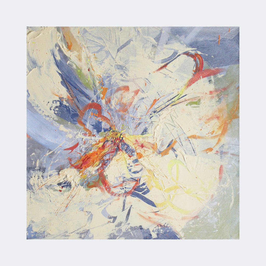 The artwork "Waltz of the Flower" by Carla Forrest features an abstract floral composition with dynamic brushstrokes and swirling shapes. Soft blues, creamy whites, and warm oranges dominate the palette, evoking a delicate yet energetic feeling reminiscent of impressionist and abstract expressionist styles like those of Monet and Kandinsky.