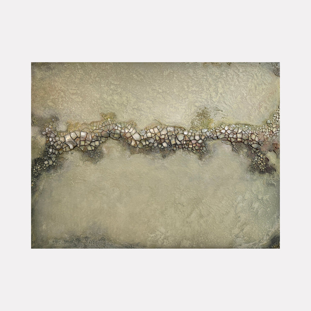 The artwork "Wandering Pearl" features an abstract textured composition with a horizontal band of fragmented, mosaic-like shapes in earthy tones of beige, brown, and white across a sandy, muted background. The mixed media includes plaster, acrylic, oil, and sand, creating depth and subtle color variation. By Abbey Stace.