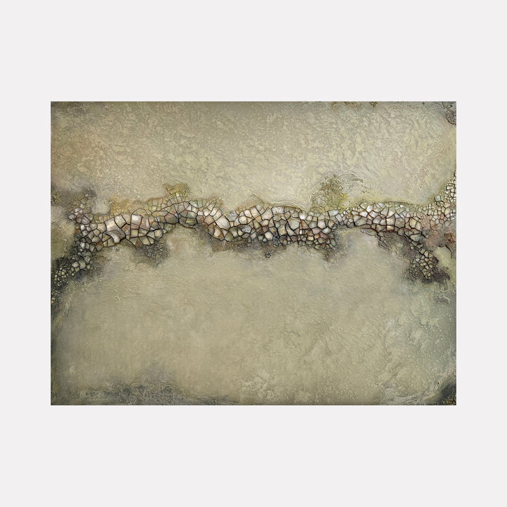 The artwork "Wandering Pearl" features an abstract textured composition with a horizontal band of fragmented, mosaic-like shapes in earthy tones of beige, brown, and white across a sandy, muted background. The mixed media includes plaster, acrylic, oil, and sand, creating depth and subtle color variation. By Abbey Stace.