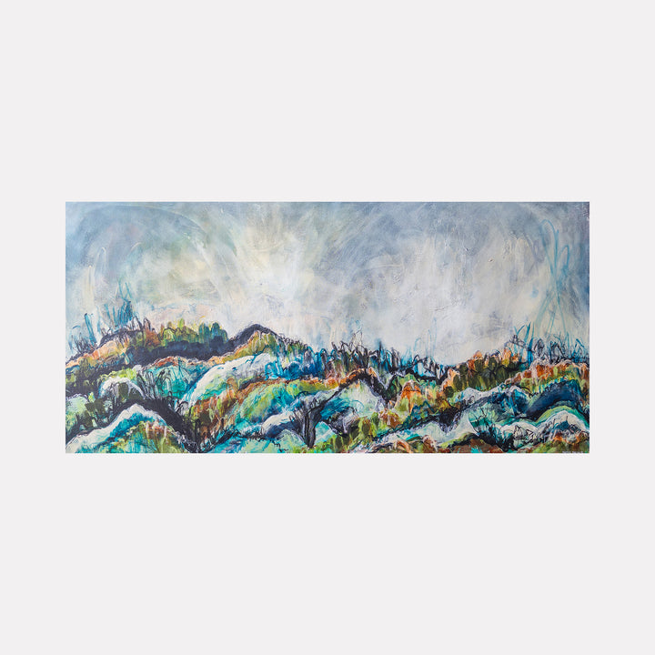 Bike Ride by Betsy Becher depicts a textured abstract landscape of rolling hills in layered shades of blue, green, rust, and white, blending dynamic brushstrokes with a luminous sky that suggests movement and the fresh air of an outdoor journey in a contemplative and lively modern composition.